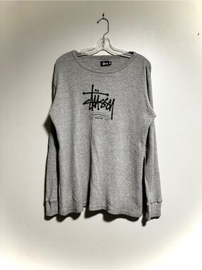 Vintage 90s -2000s  Stussy Light Gray Waffle Knit Logo Long Sleeve
